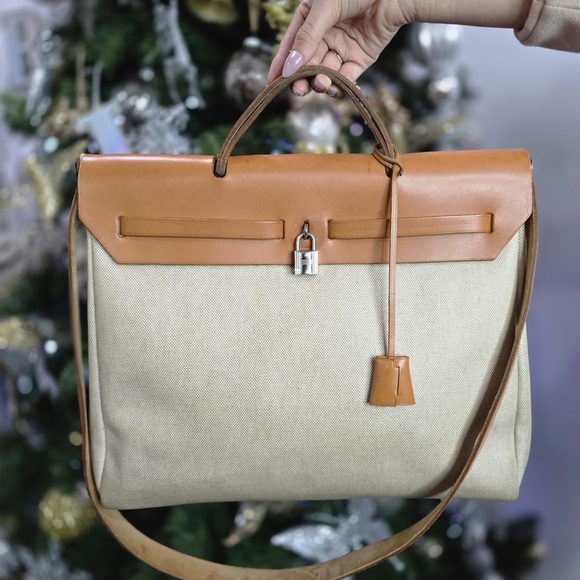 Hermes Handbags - Hermes Tan Leather and Cream Canvas Crossbody Bag
